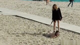 Lezdom disgrace and zapper on the beach