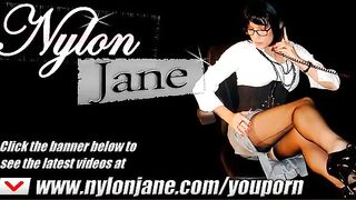 Busty lesbians in nylon use slave to worship feet and lick pussy as they tease his cock