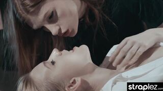 Watch this sweet pet take her lesbian lover's strapless cock