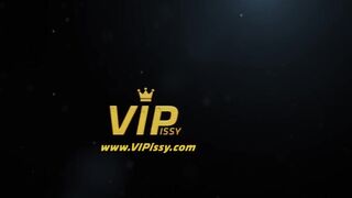 Young lesbian drinks golden piss fountain