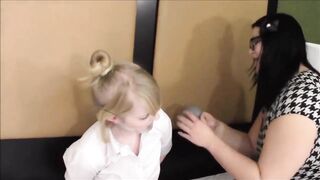 Kinky job interview: frogtied, panty gagged & made to cum!