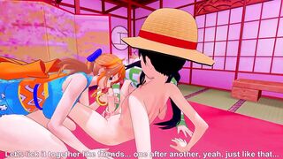 [One Piece] Nico Robin and Nami decided to celebrate their victory in Wano land, but they got caught by Monkey D Luffy and played with their pussies! ~ (Short)