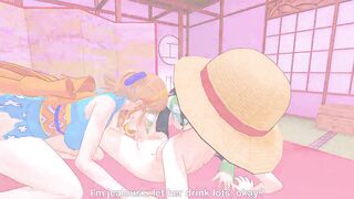 [One Piece] Nico Robin and Nami decided to celebrate their victory in Wano land, but they got caught by Monkey D Luffy and played with their pussies! ~ (Short)