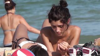 Topless Beach Teen Lesbians (2 Young, Slim and Sexy Lesbians Fool around & make out on Public Beach)