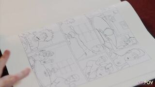 Flipping through her sketchbook the redhead finds lesbian drawings so the blonde goes in for a tender kiss