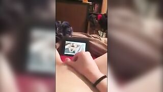 Girl watching lesbian porn has her own orgasm