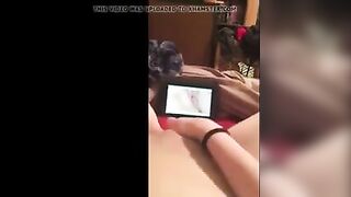 Girl watching lesbian porn has her own orgasm