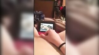 Girl watching lesbian porn has her own orgasm