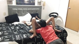 My stepsister's friend comes into my room and provokes me, she rides me hard and I lick her deliciou