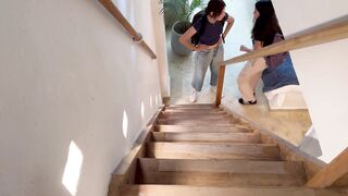 I discover my stepdaughter and her friend secretly fucking on the stairs.
