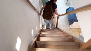 I discover my stepdaughter and her friend secretly fucking on the stairs.