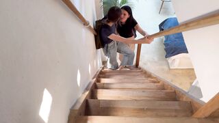 I discover my stepdaughter and her friend secretly fucking on the stairs.