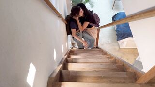 I discover my stepdaughter and her friend secretly fucking on the stairs.