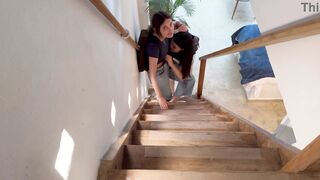 I discover my stepdaughter and her friend secretly fucking on the stairs.