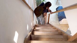 I discover my stepdaughter and her friend secretly fucking on the stairs.