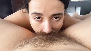 Sucking her delicious hairy pussy