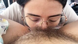 Lesbian sucking a sweet hairy bush
