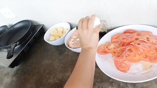 preparing a delicious lunch and then eating dessetr