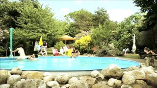 Italian lesbian kiss by the pool