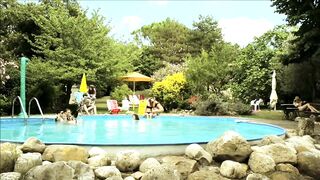 Italian lesbian kiss by the pool