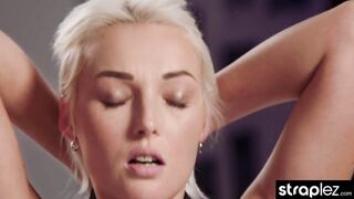 Cute blonde fucks her girlfriend doggy style with a faux cock