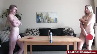 Lesbian fucking machine at the end of a table tennis strip game with two girls