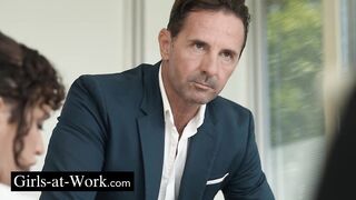 Lesbian sex and strap on at work