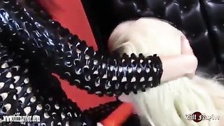 Horny blonde slut loves big strapon in her mouth and pussy