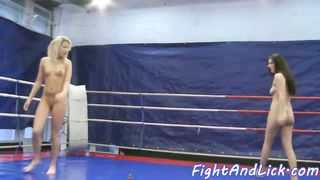 Lesbian babes wrestling before oral 