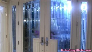 Glam lesbians strapon assfuck in kitchen