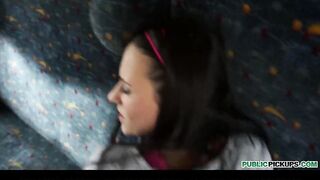 HOT busty brunette student is paid for sex while riding the train