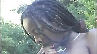 3 Ebony Lesbians kiss and fuck eachother with white dildo