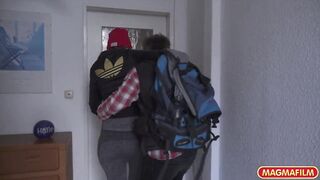 Red haired slim cougar with big tits Grace sucking a hard penis and getting hairy snatch cummed