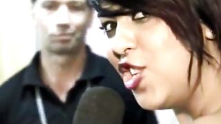 Naughty reporter sucking pussy and tits