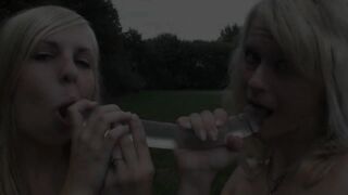 Zwei blonde Lesben mit Doppeldildo