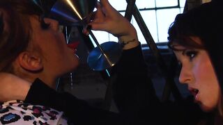 Brunette moans with ecstasy while slut rubs her pussy lips