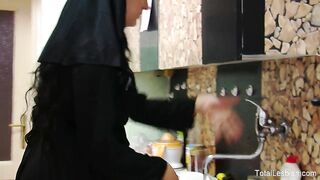 Naughty nuns in stockings play with food and each other
