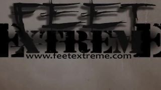 Lesbian slave is sucking on muddy toes.