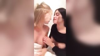 Two teen girl make out with their titts out.