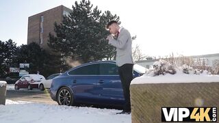 VIP4K. Casual fucking action of the bride in wedding dress and stranger in the bathroom