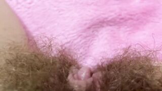 Pulsating clitoris orgasm close up masturbation and grool play with hairy pussy