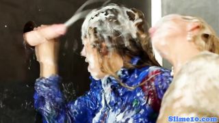 Bukkakke lesbians fisting at gloryhole