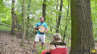 MATURE4K. Kinky mature giantess Diana loves pet play in stockings with 2 strangers in public