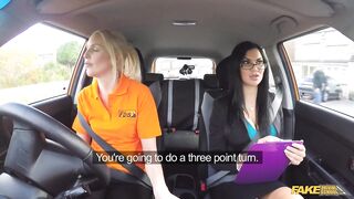 Fake Driving School - briish blonde babe with blue eyes licking vagina in a car