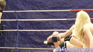 Lesbian orally pleasured in boxing ring 