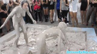 Lesbo Sheila Cooper mudwrestles with eurobabe