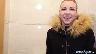 Public Agent Multiple orgasms as tight pussy stretched in public toilet