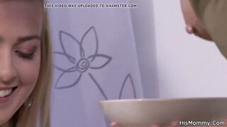 Lesbian mom girl toying on the kitchen