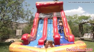 Outdoor lesbians dildo and strapon fucking