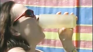 Lesbian girl drinks a lot of her girl friend's pee